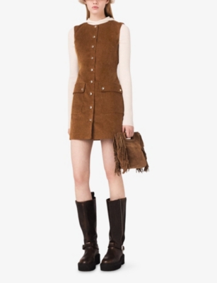 Maje Womens Camel Button-through Sleeveless Corduroy Mini Dress In Brown