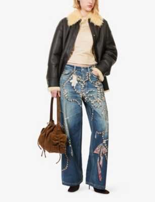 Acne Studios Womens Mid Blue Graphic-print Wide-leg Denim Jeans In Blue