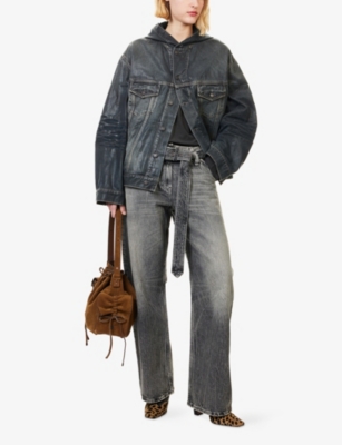 Acne Studios Womens Washed Black Belted Wide-leg Denim Jeans In Animal Print