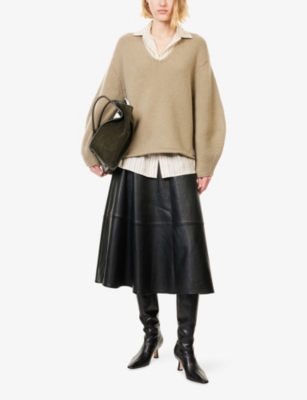 Soft Goat Womens Khaki Puffed- Sleeves V-neck Cashmere Jumper Xs In Brown