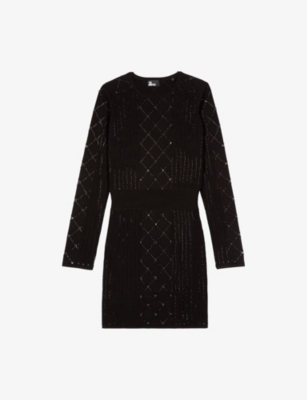 The Kooples Womens  Stud-embellished Long-sleeve Knitted Mini Dress In Brown
