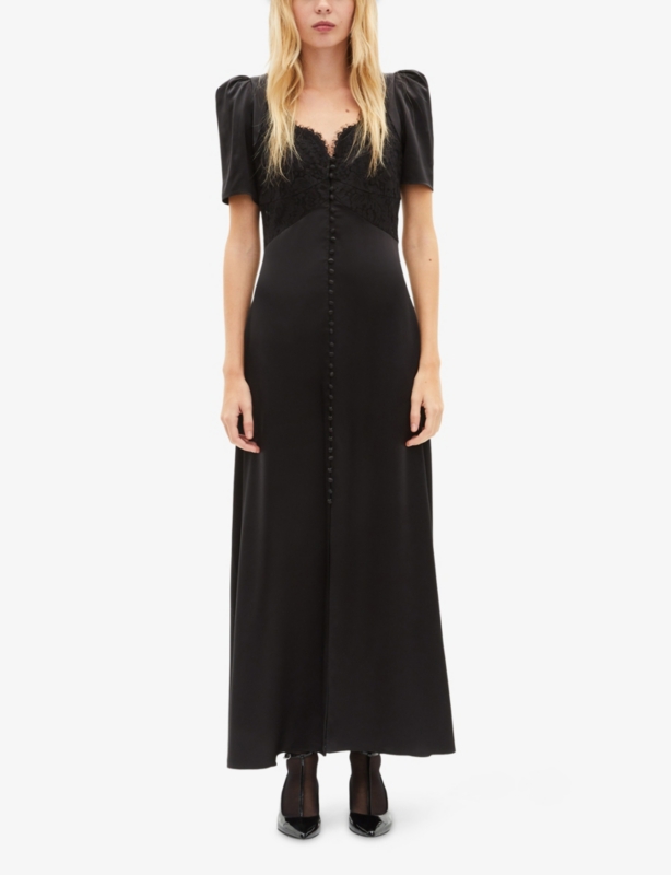 Lace-Embroidered Puff-Sleeve Silk Maxi Dress