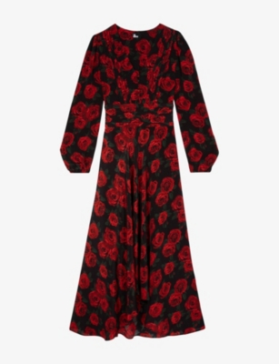 The Kooples Womens  Rose-print V-neck Woven Maxi Dress In Brown