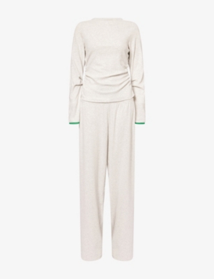 Treats Studio Womens Greymarl-green Late Checkout Long-sleeve Cotton-blend Top And Trousers Set In Neutral