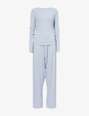 Treats Studio Womens Lightblue Late Checkout Long-sleeve Cotton-blend Top And Trousers Set In Gray