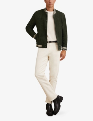 Reiss Mens Forest Green Banridge Stripe-trim Suede Bomber Jacket Xl In Black