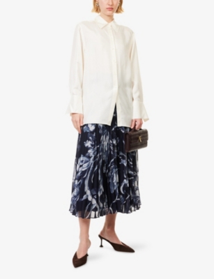 ERDEM: Pleated High-Waist Woven Midi Skirt