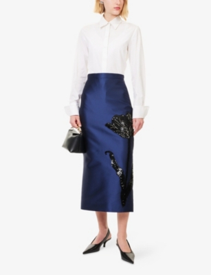 Erdem Womens Beetle Embroidered Satin Pencil Midi Skirt In Black