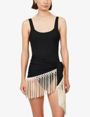 Taller Marmo Womens Black-ivory Lido Fringed Swimsuit And Cover-up Set In Black