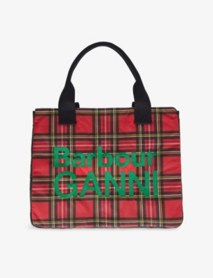 Barbour Womens  X Ganni Logo-embroidery Check-print Waxed Cotton Tote Bag
