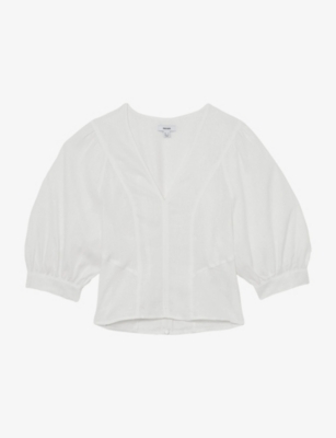Reiss Womens Ivory Evie Balloon-sleeve Linen Top In White