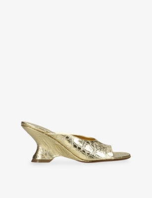 Dries Van Noten Womens Gold Bulle Metallic Leather Mules Eur 37 / 4 Uk