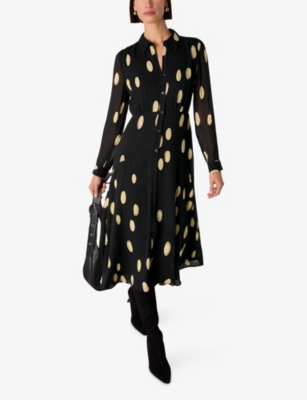 WHISTLES: Polka-Dot Long-Sleeved Woven Midi Dress