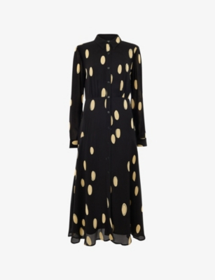 WHISTLES: Polka-Dot Long-Sleeved Woven Midi Dress