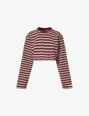 Ru & Rocka Womens Burgundy Striped Cropped Stretch-cotton T-shirt