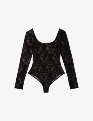 Womens The Kooples Flocked Long-Sleeve Mesh Bodysuit