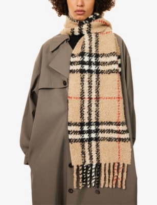 Burberry Womens Sand Check-bouclé Wool-alpaca Blend Scarf In Brown