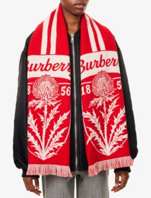Burberry Womens Thistle Shield Football-motif Wool Scarf Poppy Red In Red