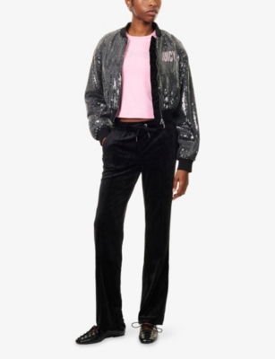 Juicy Couture Womens Black Diamante-embellished Straight-leg Velour Jogging Bottoms In Black