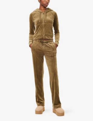 Juicy Couture Womens Dark Olive Tina Rhinestone-logo Velour Jogging Bottoms In Green