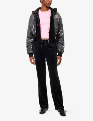 Juicy Couture Womens Black Juicy Cropped Sequin-embellished Bomber Jacket Xs In Black
