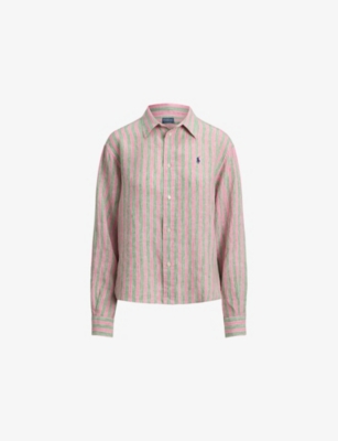 Womens Polo Ralph Lauren Wide Cropped Striped-Print Linen Shirt