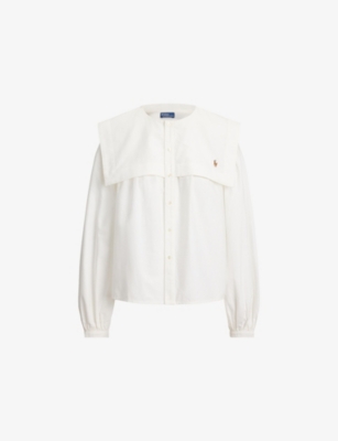 Womens Polo Ralph Lauren Bib-Collar Brand-Embroidered Cotton Blouse