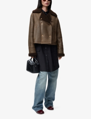 Loewe Womens  Shearling Boxy-fit Leather Jacket In Brown