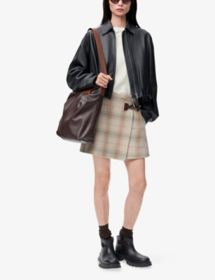 LOEWE: Checked Wrap-Over Wool-Cashmere Blend Mini Skirt