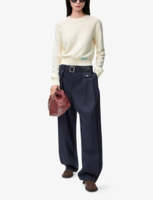 Loewe Womens Ecru Logo-embroidered Long-sleeves Wool Knitted Jumper In Gray