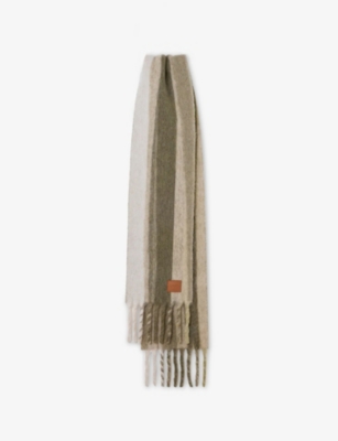 Loewe Womens Soft White/khaki Mul Striped Branded Wool-blend Scarf