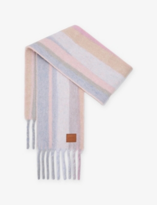 Loewe Womens Light Blue/pink/sand Striped Branded Wool-blend Scarf
