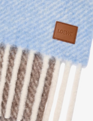 Loewe Womens Light Blue/sandstone Striped Branded Wool-blend Scarf