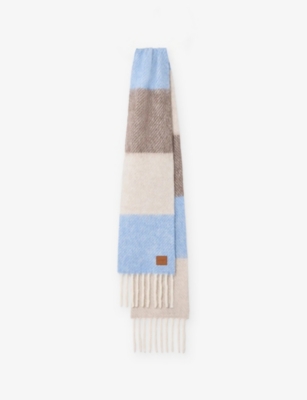 Loewe Womens Light Blue/sandstone Striped Branded Wool-blend Scarf