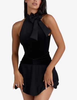 House Of Cb Womens Black Velvet Blair Bodysuit With Optional Bow In Black
