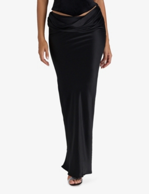House Of Cb Womens Black Beau Satin Draped Maxi Skirt In Black