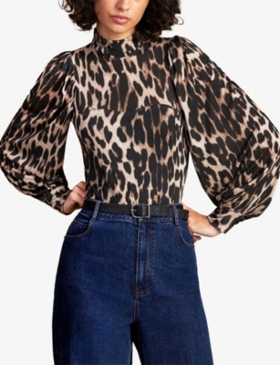 RO&ZO: Leopard-Print Puff-Sleeve Woven Bodysuit