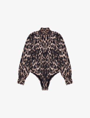 Ro&zo Womens Brown Leopard-print Puff-sleeve Woven Bodysuit