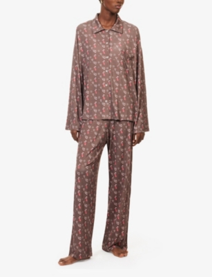 Djerf Avenue Womens  Go Slow Holiday-hearts-print Stretch-woven Pyjama Shirt In Brown