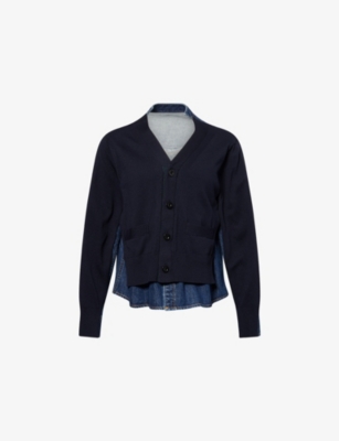 Sacai Womens Blue Contrast-denim V-neck Cotton-blend Cardigan