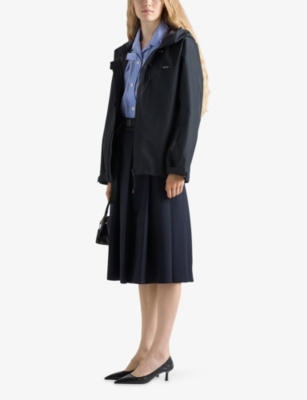 Prada Womens  Shell-panel Belted Wool Midi Skirt In Blue