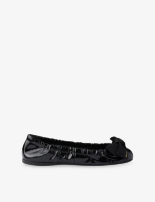 PRADA: Bow-Embroidered Patent-Leather Ballet Flats