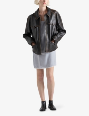Prada Womens  Collared Flap-pocket Leather Jacket In Black