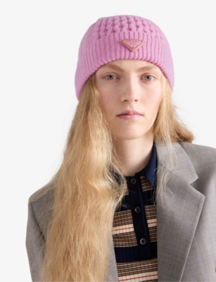 Prada Cable-knit Triangle-logo Beanie In Purple
