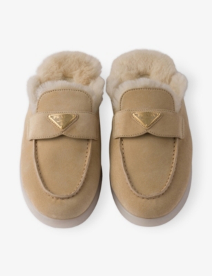 Prada Suede And Shearling Loafers In Neutral