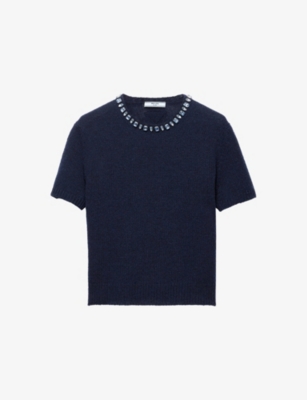 Prada Wool And Cashmere Crewneck Sweater With Jewel Details Clothing In Blue