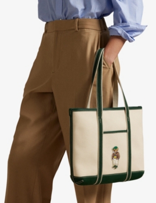 Polo Ralph Lauren Womens Ecru/northwest Pine Polo Bear Cotton-canvas Tote Bag