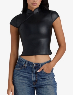 HOUSE OF CB: Bobbi Mandarin-Collar Vegan-Leather Top