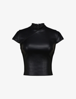 HOUSE OF CB: Bobbi Mandarin-Collar Vegan-Leather Top