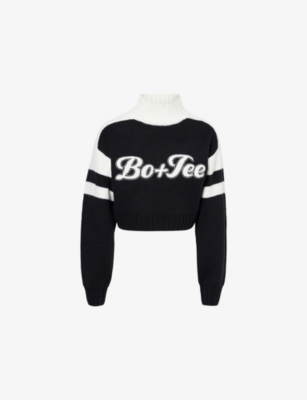 Bo+tee Womens Black Logo-appliqué Cropped Knitted Jumper